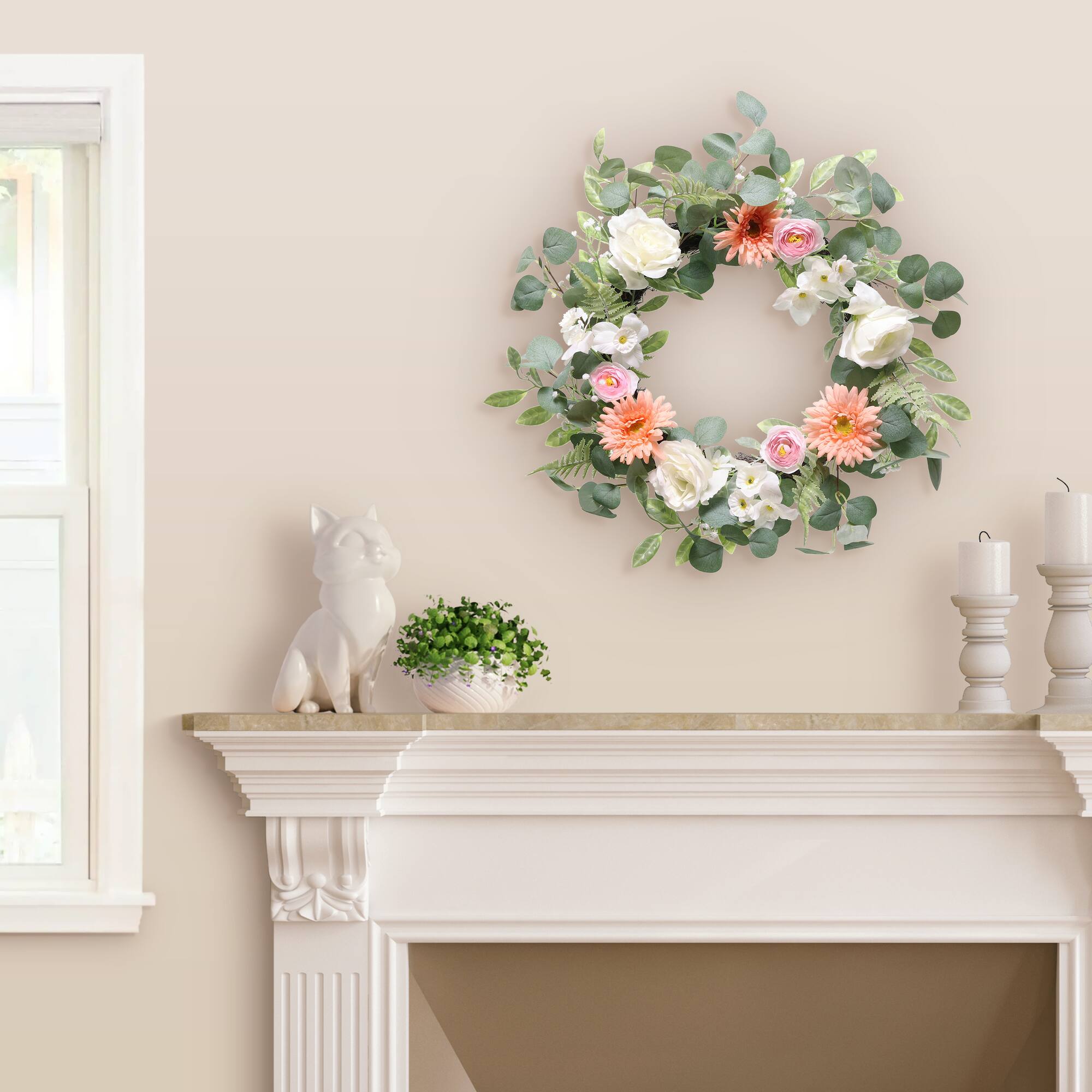 24"Artificial Chrysanthemum, Rose & Ranunculus Floral Spring Wreath